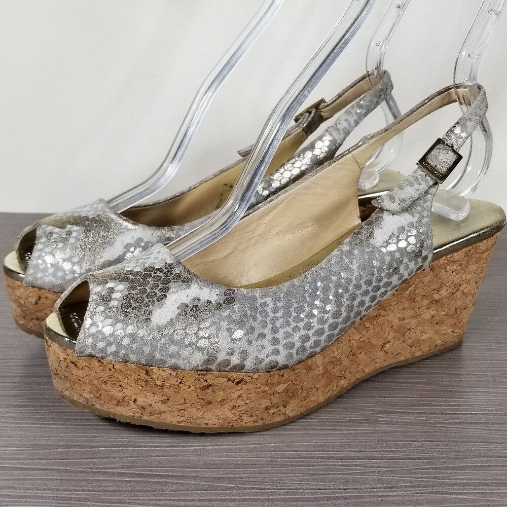 Jimmy Choo Praise Snake-Print Cork Wedge, Neutral Leather, Womens Size 8 US / 38